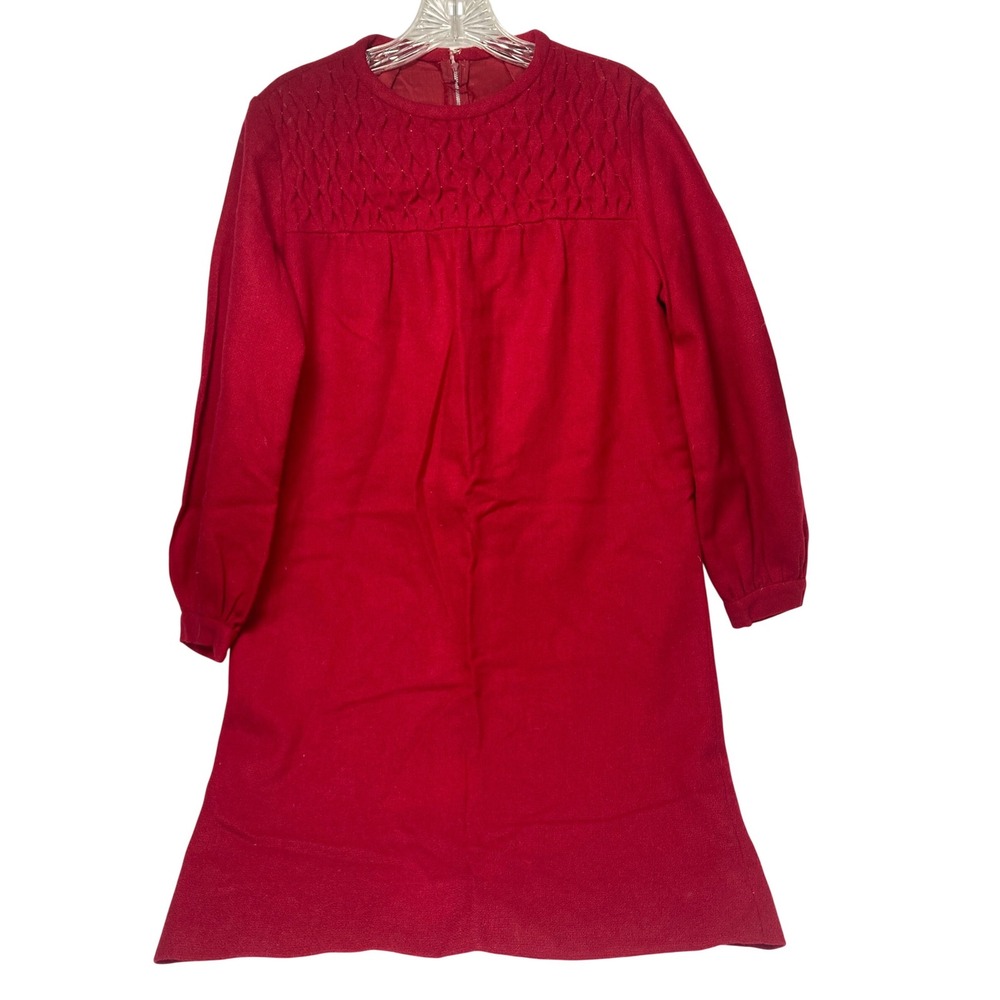 Vintage 1960s Red Wool Dress Smocked Yoke A-Line Lined Long Sleeve‎ - Picture 2 of 11